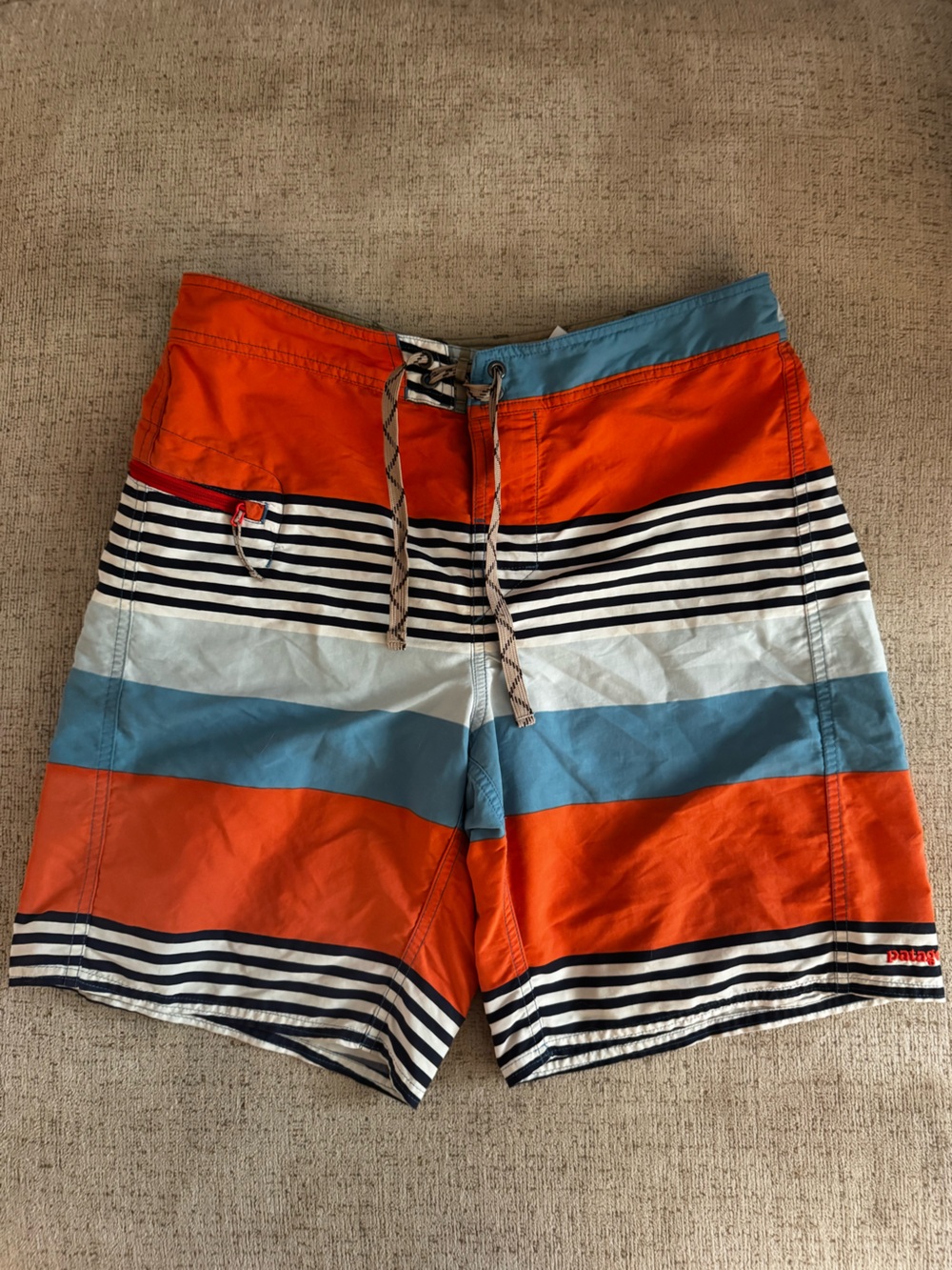 Patagonia Orange, Light Blue and Black Striped Men’s Hybrid Shorts Swim Shorts